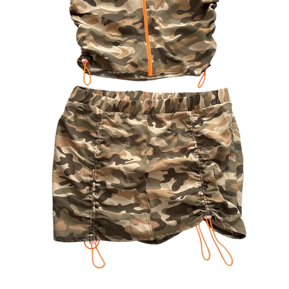 Camo Print Skirt and Top Set with Orange Accents
